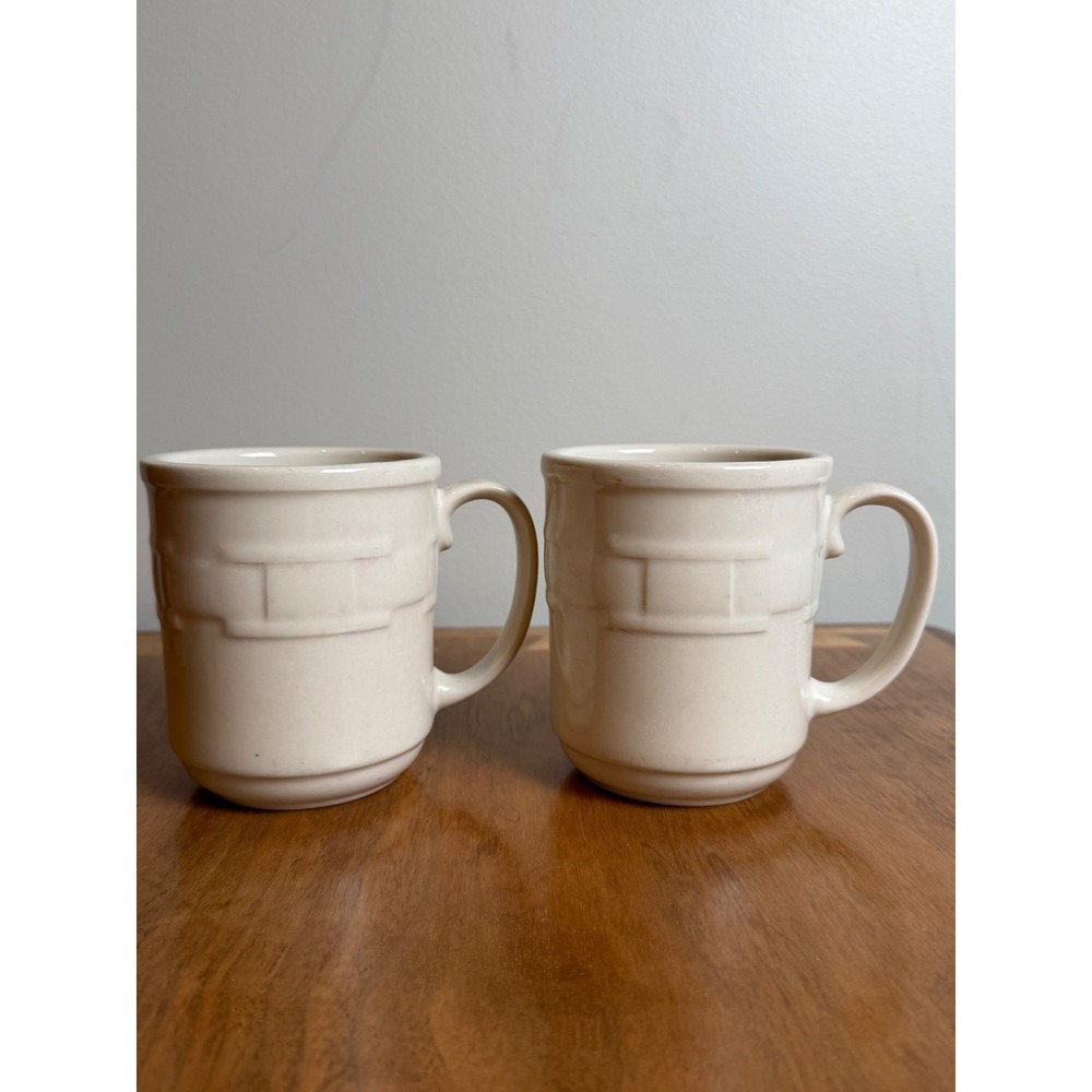 Longaberger Woven Traditions Ivory Coffee Mugs Set of 2 Cream Basketweave USA